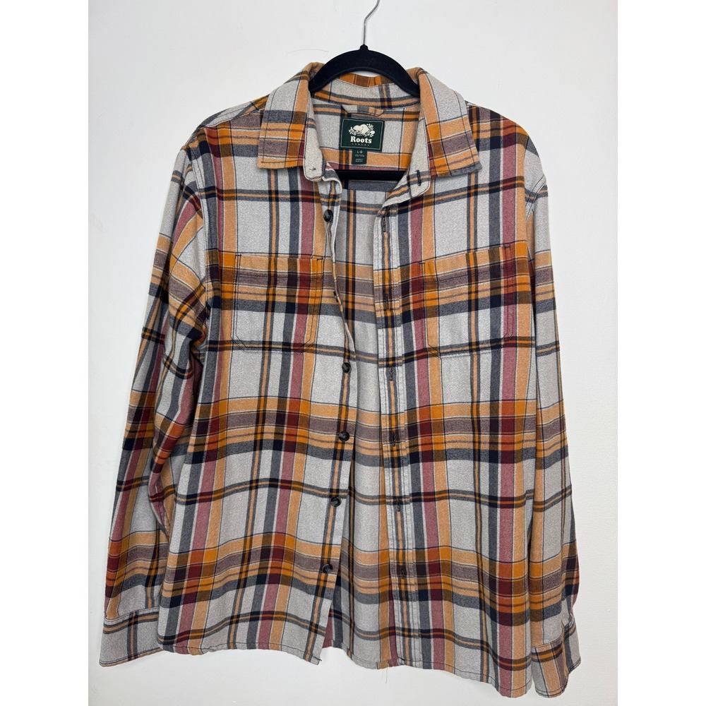 Roots Canada Mens Large Flannel Plaid Button Down Shirt Orange Grey Cotton L